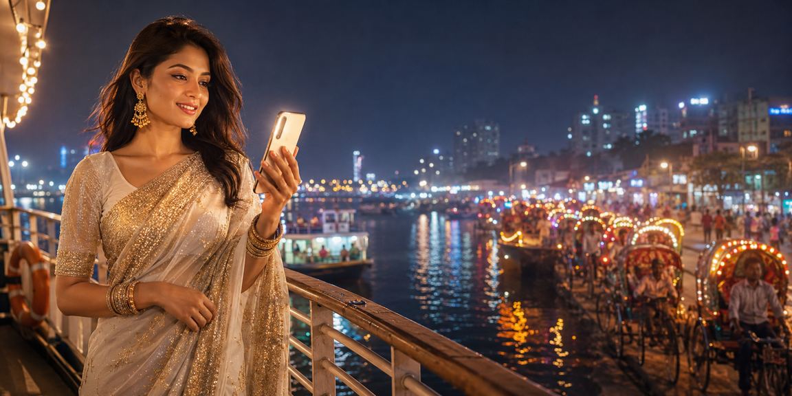A user in a saree playing casino and jackpot games on mobile in Dhaka